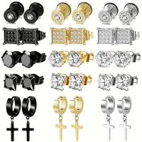 ราคา 15 Pairs Stainless Steel Earrings Cross Dangle Hinged Earrings, Cubic Zirconia Stud Earrings For Men, Ear Piercing Jewel (53550056803)