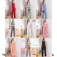 ราคา CS17425 Set #สาวอวบ 2 ชิ้น เสื้อกล้ามคอบ + กางเกงขายาว Set #chubby girl 2 pieces: cropped tank top + long pants (25555148534)
