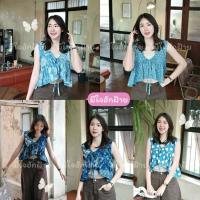 ราคา เสื้อคอวีผูกโบว์ระบาย ผ้าฝ้ายย้อมม่อฮ่อม (52609793100)