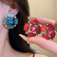 ราคา Vintage Gold Tone Square Rhinestone & Oval Cats Eye Stone Stud ต่างหู, Multi-Color Statement สําหรับผู้หญิง (51110145511)