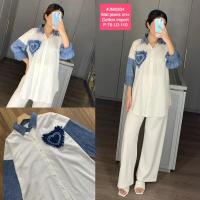 ราคา KEMEJA เสื้อเชิ้ตสีขาวผสมกางเกงยีนส์ปักหัวใจ (23885524732)