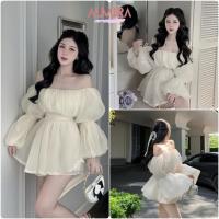 ราคา เดรสปาดไหล่ผูกโบว์ ทรงฟู แขนเป็นก้อน สีครีม ไหมโฟม (47400259884)