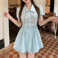 ราคา ส่งต่อ Lovito ชุดกางเกงขาสั้นลำลอง แขนพัฟ ชายระบาย จับจีบ ผูกเชือก สีพื้น สำหรับผู้หญิง (29829662245)
