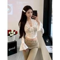 ราคา LT -เสื้อลูกไม้บานแขนยาวคอวีลึกเสื้อตัวในลูกไม้เข้ารูปสไตล์เกาหลี1723 (43030406398)