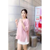 ราคา AN38 เสื้อยืดคอชิดแขนศอก Oversize (ผ้า Cotton พรีเมี่ยม) (43101590178)
