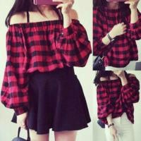 ราคา มาใหม่ พร้อมส่ง!!! ปาดไหล่ ลายสก็อต สไตล์เกาหลี (884086677)