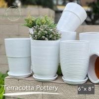 ราคา กระถางทรงสูงสไตล์โมเดิร์นสีขาวพร้อมจานรอง ขนาด 15x20 ซม. มี 4 แบบให้เลือก กระถางต้นไม้ดินเผาทรงสูง (26468978589)