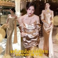 ราคา (Dress5-291)พร้อมส่ง Gold Serenade Dress ราตรีสีทอง ถอดแขนได้ เกาะอก เดรสมีแขน สวยหรู ออกงาน เดรสยาว (53753779636)