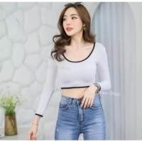 ราคา เสื้อครอปคอกว้าง แขนยาว ผ้าเรย่อน สีตัดขอบ สวยเก๋ เนื้อนิ่มเด้ง (25263165754)