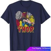 ราคา 100% 【เสื้อยืดผ้าฝ้ายแท้】 เสือยืดผู้ชาย เสื้อบอดี้โ Marvel Mighty Thor Hammer Throw Vintage T-Shirt Marvel Men's S-5XL (28004466810)
