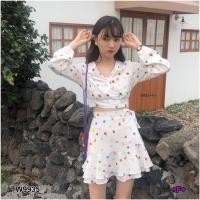 ราคา TW9935 Set 2 ชิ้น เสื้อแขนยาว คอวีไขว้ ผ่าแหวกหลัง แต่งสายผูกโบว์ด้านหลัง+กระโปรงสั้น ชายระบาย 2 ชั้น (2771655444)