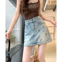 ราคา สไตล์ใหม่ กระโปรงเดนิมผู้หญิง ปักลายดอกไม้ ยีนส์เอวสูง กระโปรงสั้น (48609388436)
