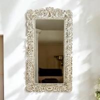 ราคา กระจกไม้สัก (ส่งพร้อมกระจก) ขนาด 200x107 cm. ทำสีขาววินเทจ Wood Carved Mirror, Large Teak Wooden Mirror, Ship w/Mirror. (46206641895)