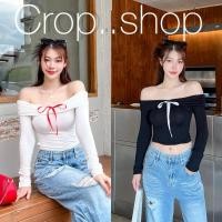 ราคา crop..shop เสื้อปาดไหล่ เเขนยาว ผ้าเรย่อน ผูกโบว์ด้านหน้า งานสวยมากผ้าดีใส่สบาย งานคือเลิสมากก (27856721574)