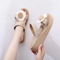 ราคา รองเท้าแตะกกเบญจมาศวินเทจพร้อมพื้นลิ่มสูง 5 ซม. และสายรัดแนวนอนสองเส้นสําหรับชายหาดสไตล์เกาหลี DN63 (55860641905)
