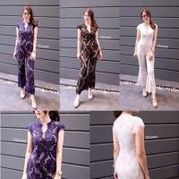 ราคา จั้มสูทขายาวลูกไม้ คอวี กางเกงทรงขาม้า ซิปหลัง (284558861)