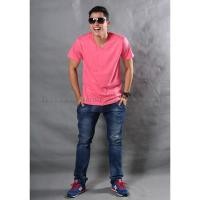 ราคา เสื้อยืด แฟชั่น ผู้ชาย ทรงตรง T-Shirt Cotton 100% คอวี แขนสั้น สีชมพู Sweety (1731978085)
