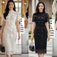 ราคา เดรสลูกไม้ แต่งโบว์หน้า สีขาว สีดำ งานป้าย chalita (50352655197)