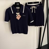 ราคา WVRK Mi//iu Bowknot embroidered letter print lapel short-sleeve knit top and pleated short skirt set (50108329948)