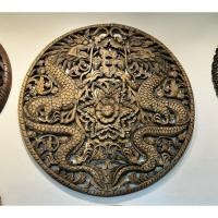 ราคา มังกรแกะสลัก งานไม้สัก รัศมี 120 cm. หนา 3 cm. เสริมบารมี งานสวย Teak Wooden Carved Double Dragon (26804877072)