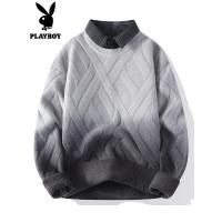 ราคา เพลย์บอยไล่โทนสีสีเสื้อกันหนาวผู้ชายฤดูใบไม้ร่วงฤดูหนาวเสื้อคอปกเสื้อถักสไตล์ขี้เกียจปลอมสองชิ้นฐานเสื้อกันหนาว (48159908403)