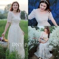 ราคา สวยหรู!!! มี2XL. Maxi Dress เดรสสีครีมงานปักดอกไม้แขนตุ๊กตา งานป้าย DNY (9434338994)
