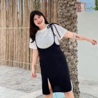 ราคา ชุดเซ็ต 2 ชิ้น เสื้อแขนสั้นคอกลมสีขาว+เอี๊ยมกระโปรงผูกไหล่สีดำ ผ้าคอตตอนอย่างดี (17990620917)