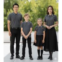 ราคา เสื้อโปโลสีเทาเข้ม(ท็อปดรายเข้ม)ผ้าtkแต่งขลิปขาวดำสุภาพมีชายหญิงและเด็ก (29593494523)