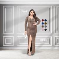 ราคา Ommishop ชุดราตรี 1117V-PS แขนยาว คอวีลึกตรง ผ้า Glitter เดรสออกงาน ชุดงานแต่ง เพื่อนเจ้าสาว เดรสสาวอวบ Plus Size (29369112863)