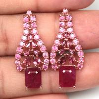 ราคา ต่างหูทับทิมแท้ เงินแท้ 925 ชุบนาค Rose Gold ประดับไพลินและโรโดไลต์ ดีไซน์ Dangle หรูหรา อัญมณีจันทบุรี (58110000599)
