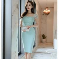 ราคา เข้าเพิ่ม เดรสออกงาน เปิดไหล่ข้างเดียว สีเขียวมิ้นท์ MS7070 (7308539109)