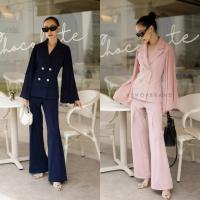 ราคา พร้อมส่ง ชุดเข้าเซท เสื้อสูทแขนยาวอัดพลีท + กางเกงขายาวทรงขาบาน งานป้ายvshop (22468284743)