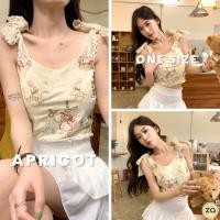 ราคา HOT SALEเสื้อสายเดี่ยวครอป สายผูกโบว์ฉลุ แต่งลายกระต่าย หลังเป็นสม็อคยืด (25886314991)