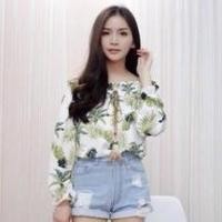 ราคา เสื้อปาดไหล่ผูกเชือกลายสัปปะรดแขนยาว (ขาว ชมพู) (11391834081)