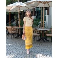 ราคา ผ้าถุงทออัดกาว สีเหลือง ผ้าถุงเย็บสำเร็จแบบติดตะขอและกระดุม (42976599049)