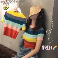 ราคา A968015 เสื้อครอปไหมพรมแขนสั้น ลายริ้วสายรุ้ง ดูสดใสสุดๆ (19670106235)