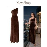 ราคา ชุดเดรสสง่างาม,ชุดเดรสยาว,ชุดราตรี สีน้ำตาล แขนกุด ปาดไหล่ ผ้ากำมะหยี่ ความยาวชุด 60 (24744681546)