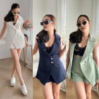 ราคา ป้าย Vabene เซ็ทออกงาน เสื้อสูทแขนกุด เนื้อผ้าเป็นไวโอลินมีTexture ตัวปกและสาป อัดกาว กระดุมป้ายหน้า มาคู่กางเกงขาสั้น (22278158686)