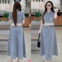 ราคา เดรสยีนส์ยาว-กระโปรงยีนส์ดีไซน์สวยหรู ชุดเซ็ทคุณหนูๆเสื้อแขนพองแต่งขอบลูกไม้+กระโปรงบานยาว (40774303619)