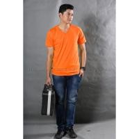 ราคา เสื้อยืด แฟชั่น ผู้ชาย ทรงตรง T-Shirt Cotton 100% คอวี แขนสั้น สีส้ม (1731202478)