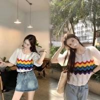 ราคา Pudding ~พร้อมส่ง~ "C632-1" เสื้อถักไหมพรม คอหยักๆ ดีเทลลายทางสีรุ้ง แขนชีฟอง -C (22642751142)