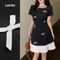 ราคา Lovito เดรสสวยน่ารัก ผูกโบว์ จีบพลีท สีดำและขาว สำหรับผู้หญิง เหมาะสำหรับฤดูใบไม้ผลิ/ฤดูร้อน L159AD086 (51000558641)