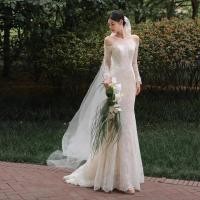 ราคา เจ้าสาวชุดแต่งงานแสงไหล่เดียวลูกไม้ฝรั่งเศสย้อนยุคแขนยาวที่สวยงามต้อนรับผ้าโปร่งออกจัดเลี้ยงหางปลาชุดราตรี (57659374575)