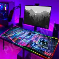 ราคา Neon Backlight Gaming Mousepad Cyberpunk โต๊ะพรมปูพื้น RGB Gamer Mousepads แผ่นรองเมาส์ LED ยางกันล (27471378106)