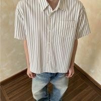 ราคา American Retro Vertical Stripes High-End Lapel Short Sleeve Shirt Men cleanfit Loose Commuter Shirt (49711136385)