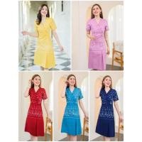 ราคา N349 ชุดเดรสผ้าฝ้ายมัดหมี่พิมพ์ลาย ทรงคอป้ายกระโปรงทรงเอ กระดุมปั๊ม อัดกาวทั้งชุด (21546813552)