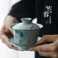 ราคา Jingdezhen เคลือบโบราณมือวาดสีฟ้าสีขาว Clay ฝาครอบชาม Retro Sancai ฝาครอบชาม Kung Fu ชุดชาชาชามถ้วย (49158506285)