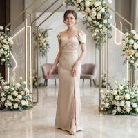 ราคา ชุดไปงานแต่ง แบบมีแขน ชุดไปงานแต่งงานกลางคืน เรียบ หรูดูแพง คนอ้วนใส่สวย พร้อมส่ง สีทองแชมเปญ PFL098 (41321623813)