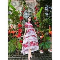 ราคา ชุดเดรสยาวลายดอกสีแดงชมพูหน้าสั้นหลังยาวไซด์mป้ายเลิฟเลดี้ (41652128484)
