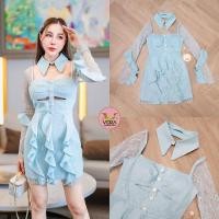 ราคา Dress สั้น แขนยาว ช่วงแขนผ้าลูกไม้แต่งผ้าระบายชายแขนเสื้อสีฟ้าสวยๆ (22357407761)